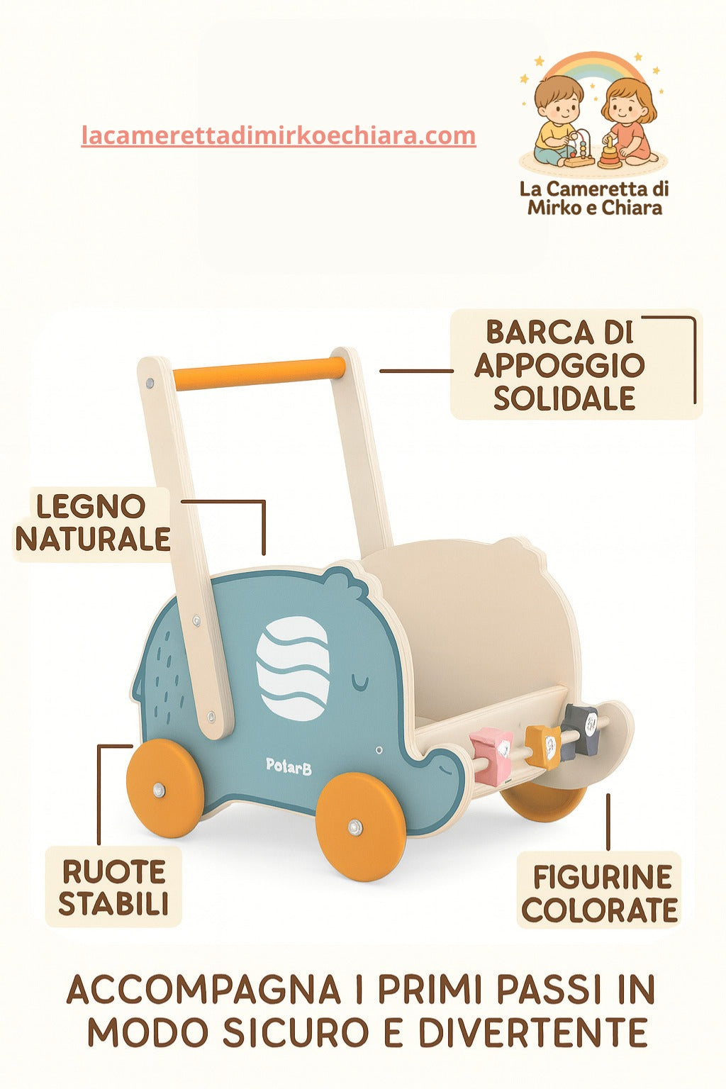Carrellino Primi Passi Elefantino PolarB – Gioco Educativo in Legno