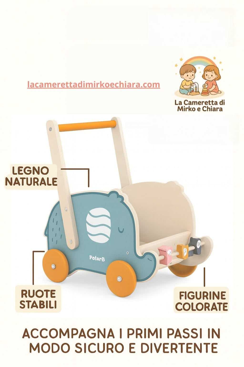 Carrellino Primi Passi Elefantino PolarB – Gioco Educativo in Legno